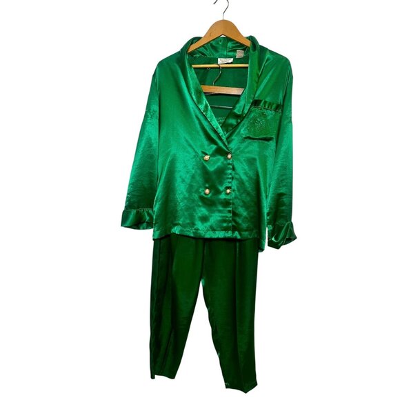 Vintage Victoria’s Secret Gold Label Satin Pajama Set Green w/ Pearl Buttons S - Picture 2 of 7